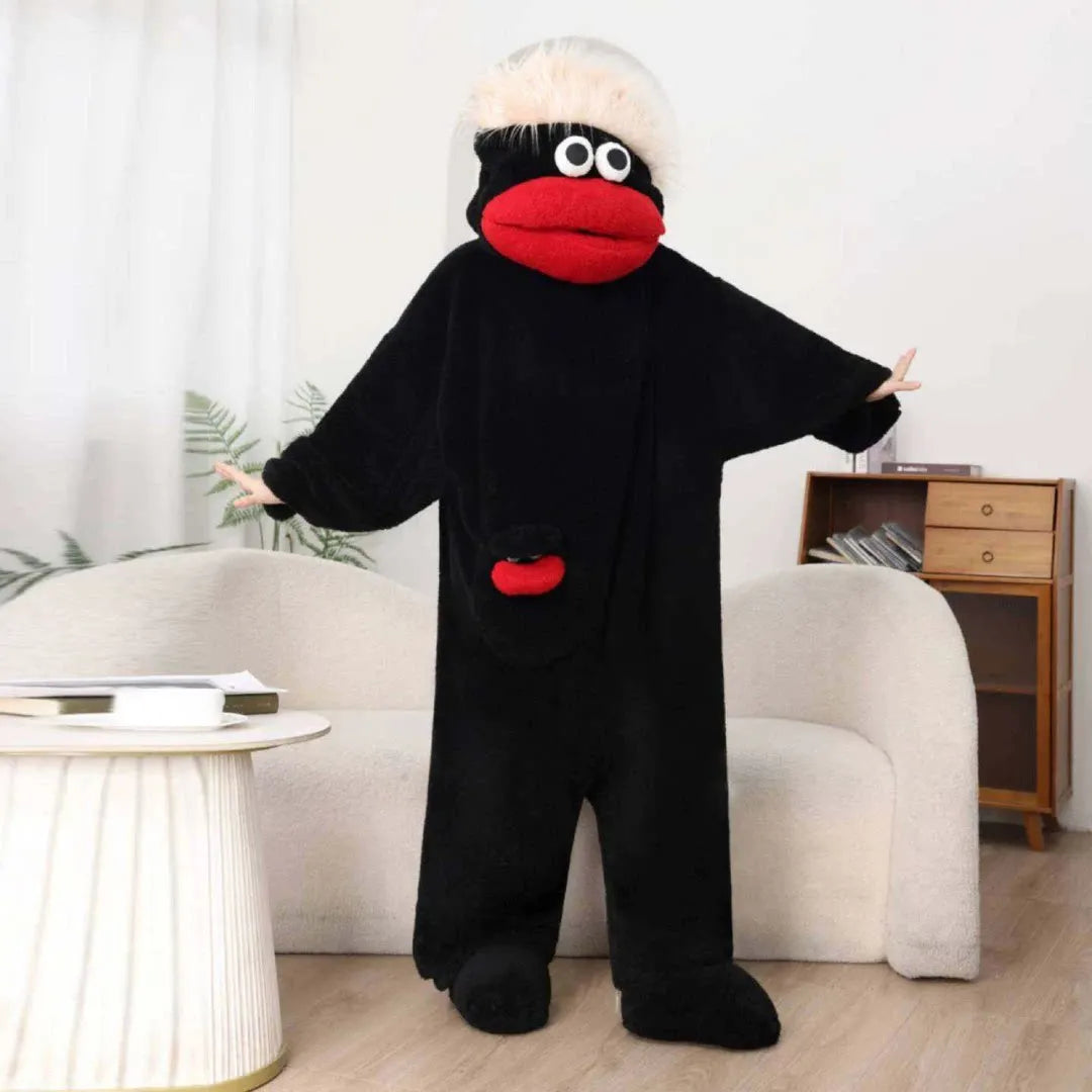 Hangyodon Sleepwear Funny Monster Onesie Hooded with Long Hair Thick Big Mouth Monster Cosplay Winter Loungewear Couples Pajamas
