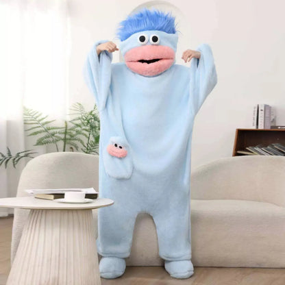 Hangyodon Sleepwear Funny Monster Onesie Hooded with Long Hair Thick Big Mouth Monster Cosplay Winter Loungewear Couples Pajamas