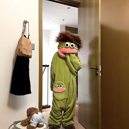 Hangyodon Sleepwear Funny Monster Onesie Hooded with Long Hair Thick Big Mouth Monster Cosplay Winter Loungewear Couples Pajamas