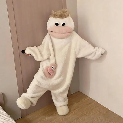 Hangyodon Sleepwear Funny Monster Onesie Hooded with Long Hair Thick Big Mouth Monster Cosplay Winter Loungewear Couples Pajamas
