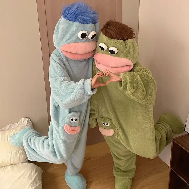 Hangyodon Sleepwear Funny Monster Onesie Hooded with Long Hair Thick Big Mouth Monster Cosplay Winter Loungewear Couples Pajamas