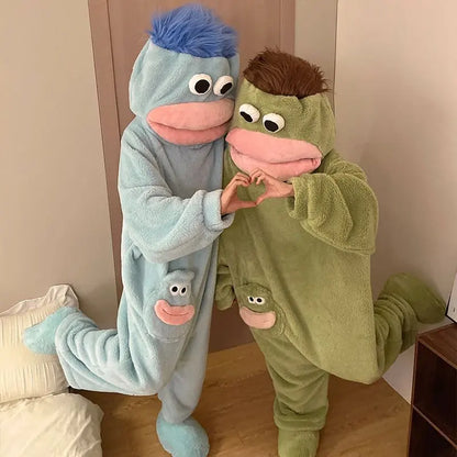 Hangyodon Sleepwear Funny Monster Onesie Hooded with Long Hair Thick Big Mouth Monster Cosplay Winter Loungewear Couples Pajamas
