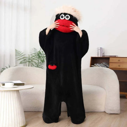 Hangyodon Sleepwear Funny Monster Onesie Hooded with Long Hair Thick Big Mouth Monster Cosplay Winter Loungewear Couples Pajamas