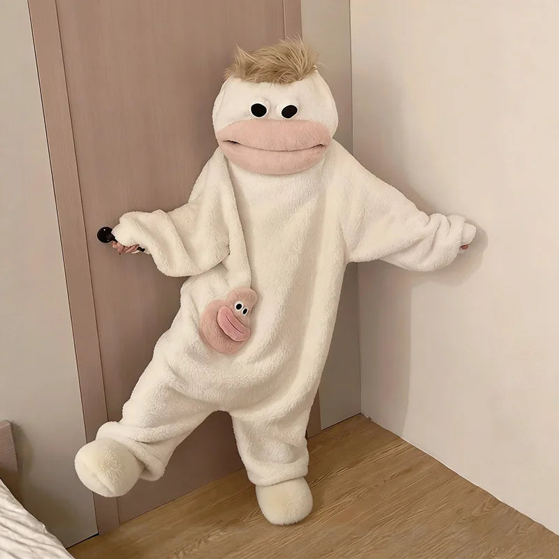 Hangyodon Sleepwear Funny Monster Onesie Hooded with Long Hair Thick Big Mouth Monster Cosplay Winter Loungewear Couples Pajamas