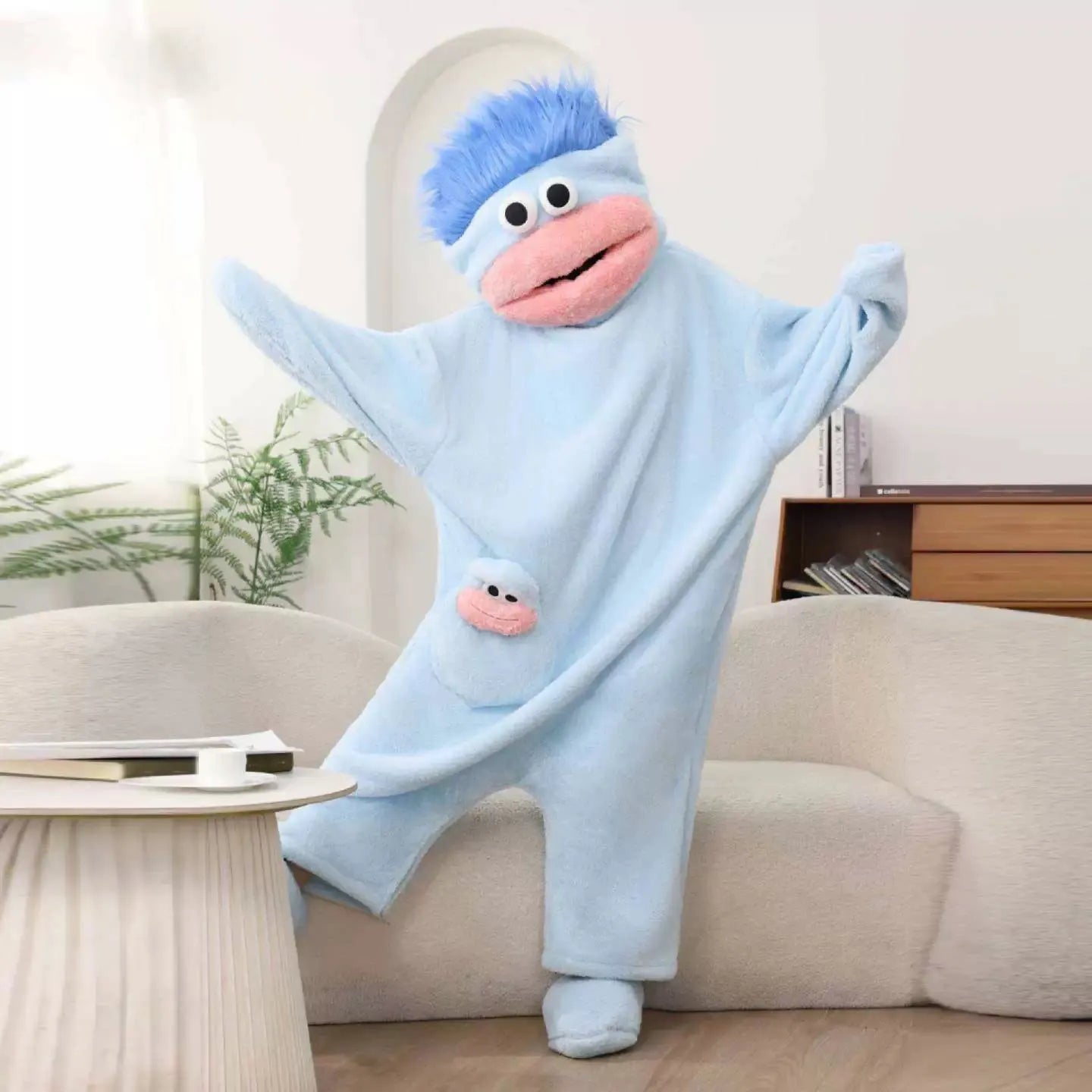 Hangyodon Sleepwear Funny Monster Onesie Hooded with Long Hair Thick Big Mouth Monster Cosplay Winter Loungewear Couples Pajamas