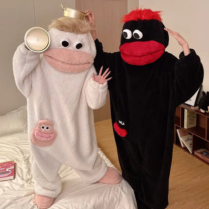 Hangyodon Sleepwear Funny Monster Onesie Hooded with Long Hair Thick Big Mouth Monster Cosplay Winter Loungewear Couples Pajamas