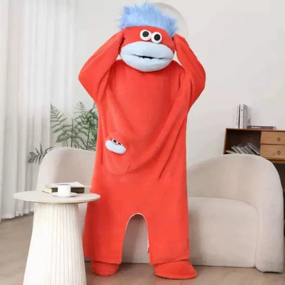 Hangyodon Sleepwear Funny Monster Onesie Hooded with Long Hair Thick Big Mouth Monster Cosplay Winter Loungewear Couples Pajamas